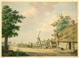 1953P271 Landscape of Cottage with Woman at Well