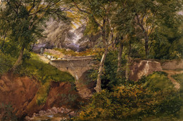 1984P10 Wooded Landscape with Sheep Crossing a Bridge