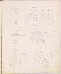1952P6.58 Studies of carved seat, reliquary, buttons and candlesticks