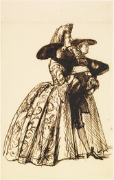 1904P464 Man walking between Two Ladies, in Eighteenth-Century Costume
