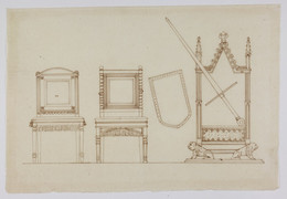 1974M3.3 Wilkinson Tracing, Design depicting 2 chairs, and a Gothic Revival style piece