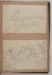 1994P24.10 Drawing of scene with windmill  and 1994P24.11 Drawing of mill with cows