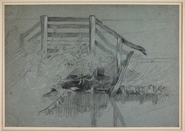 1906P808 Study of Wooden Posts and Rails on a River Bank