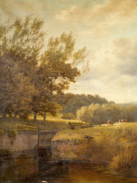 1931P84 Wooded Landscape with Boy Fishing in a Lock