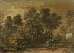 1953P211 Wooded Landscape, Figure on Horseback and Packhorses