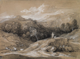 1935P89 Wooded Landscape with Shepherd, Sheep and Mountains