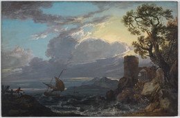 1953P363 Stormy Sea with Castle Ruin and Figures