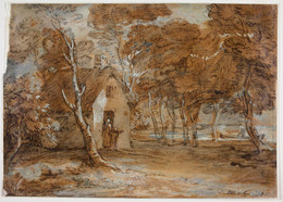 1953P198 Wooded Landscape, Cottage, Figures and Boat on Lake