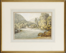 1953P399 River Scene With Mountains, probably Lake District