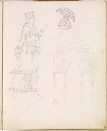 1952P6.30 Sketch of a female costume, helmet and architectural decoration