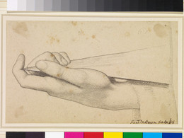 1906P747 Chaucer at the Court of Edward III - Study of a Hand for the Figure of Robert Burns